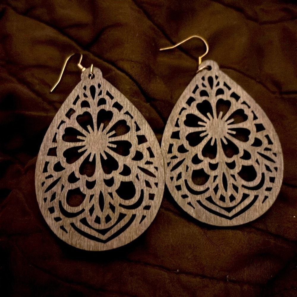 Laser cut wooden mandala tear drop earrings
